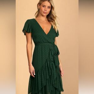 Lulus dark green Swiss dot ruffled faux wrap midi dress - Size L